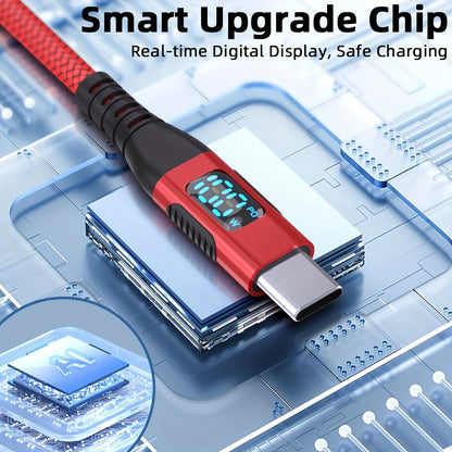 100W Ultra-Fast Charging USB-C Cable, Live Digital Display, LED Screen, Flat Nylon, USB Power Supply, 36V Max, USB to Type-C and Type-C to Type-C, Data Transfer, No Battery (Red)