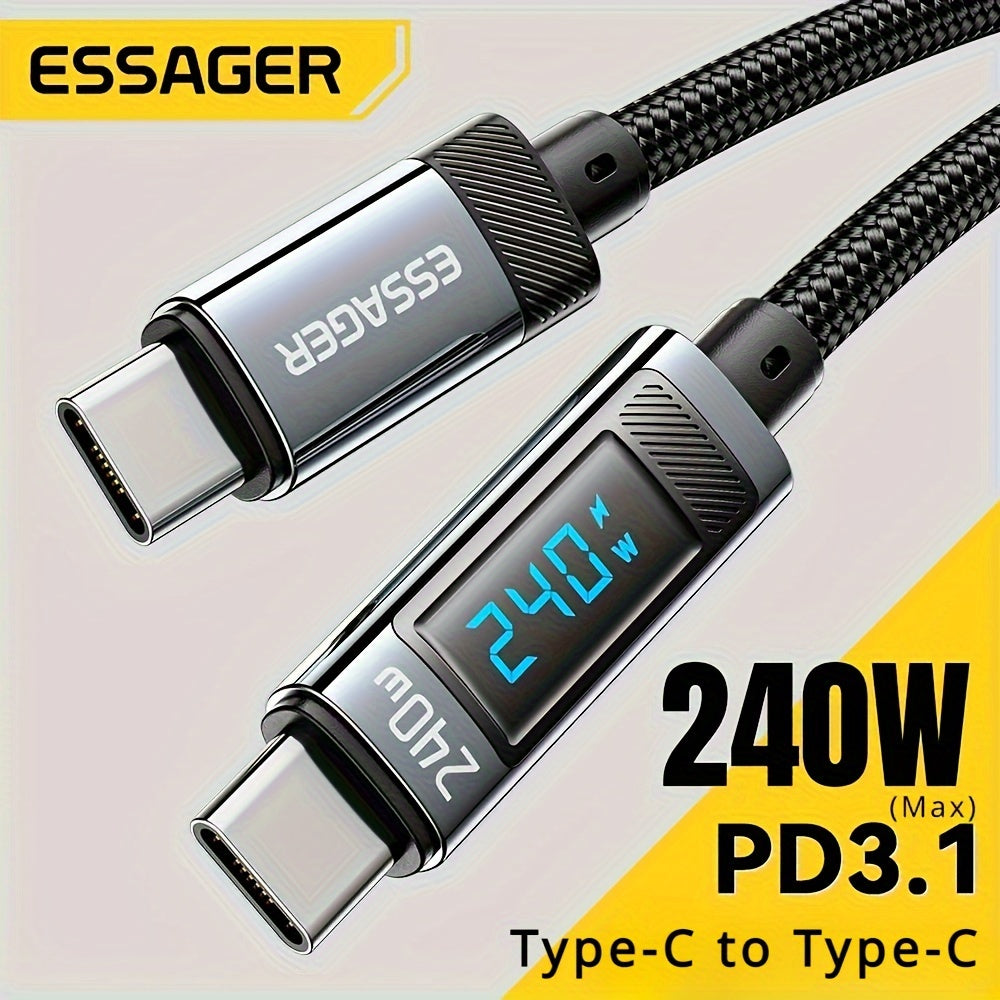 Essager 240W USB-C to USB-C Cable, 100W PD 3.1 Fast Charge, Fabric Flat Data Cord with Glossy Finish, Male to Male, Compatible with MacBook Pro, Xiaomi, and Laptops - ESSAGER Brand, No Battery, 39.37inch/78.74inch